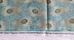 Teal Indian Peacock Feathers Fabric 2 Yds X 43″ Suzanne Nicoll Springs Creative