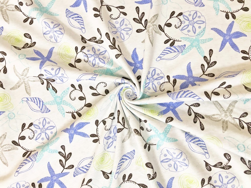Seashells Starfish Cotton Fabric Cream Aqua Periwinkle 100% 52″W Yard-CTPR17