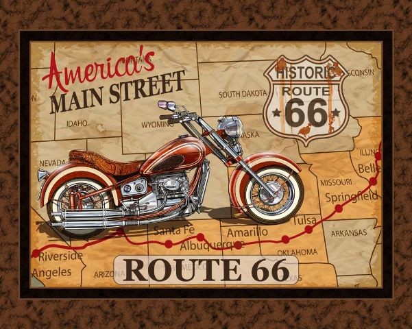 Route 66 Motorcycle Americas Main Street Travel 36×44″ Cotton Fabric Panel