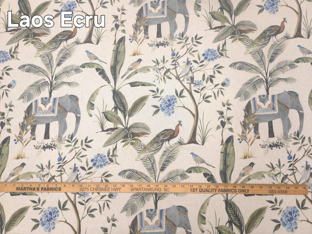 Belle Maison LAOS ECRU Tan Green Blue Exotic Animal Designer Drapery Uph Fabric