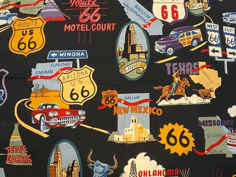 ROUTE 66 ~ Alexander Henry Fabrics ~Vtg Travel Landmarks Cotton Fabric 18″ x 42″