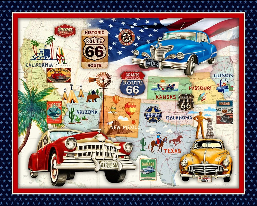 Multi Route 66 Fabrcbic Panel Vintage Autos- 36″ Repeat 36 x 44 Michael Miller