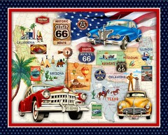 Multi Route 66 Fabrcbic Panel Vintage Autos- 36″ Repeat 36 x 44 Michael Miller