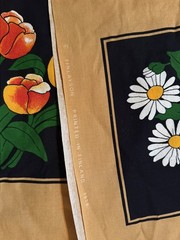 Vintage 1978 Finlayson Fabric Floral Squares 13” X 10.5” Tan Black Finland