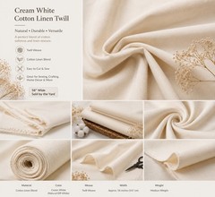 Cream White Cotton Linen Blend Twill Fabric – 58” Wide – Medium Weight