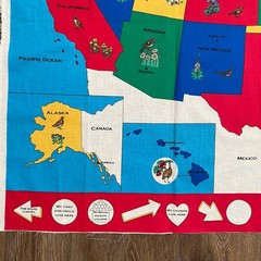 Vintage Map of United States Cotton Fabric Panel USA State Birds Flowers