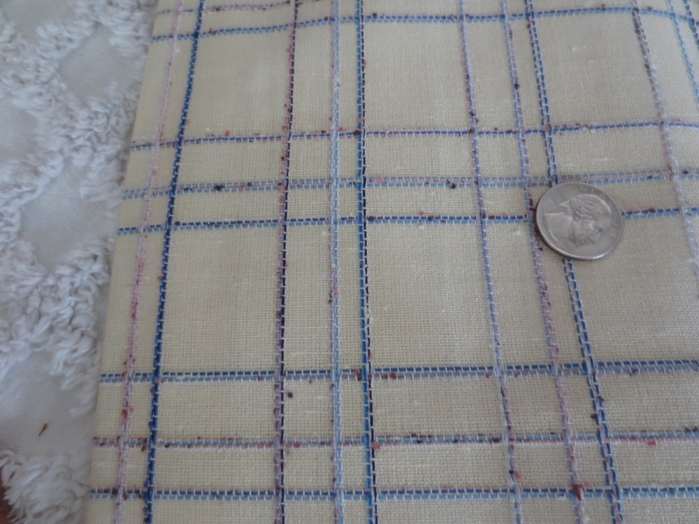 4386. Woven NUBBY BLUE PLAID on CREAM Cotton or Cotton Blend FABRIC-55″ x 3 yds.