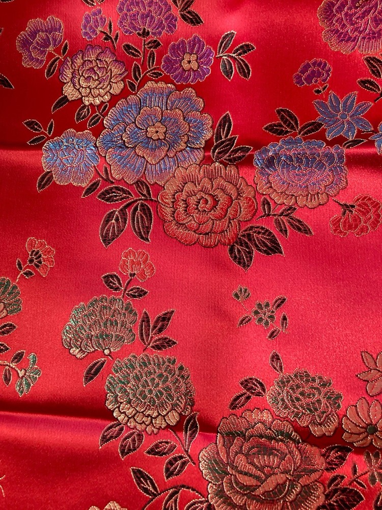 Asian Purple Blue Green Flowers on Red Jacquard Satin Fabric 19″ x 47″ Width