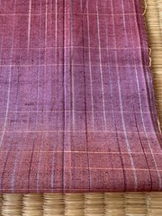 Japanese Vintage Indigo Kasuri Tsumugi Kimono Fabric Silk Pink Check pattern