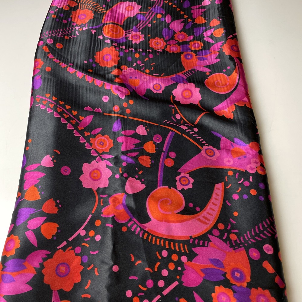 3+ Yards Silky Fabric Bright Pink Orange Purple Floral Print On Black