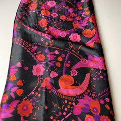 3+ Yards Silky Fabric Bright Pink Orange Purple Floral Print On Black