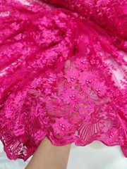 Fuchsia 3d Floral Embroidery Pearls Fabric By The Yard Quinceañera Dress Prom