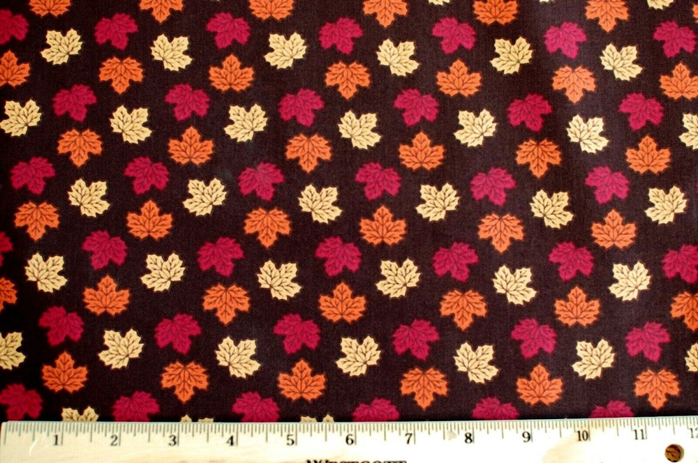 BTY*FACE MASKS*MINI AUTUMN/FALL COLORFUL LEAVES ON BRN 100% COTTON FABRIC 44×36″