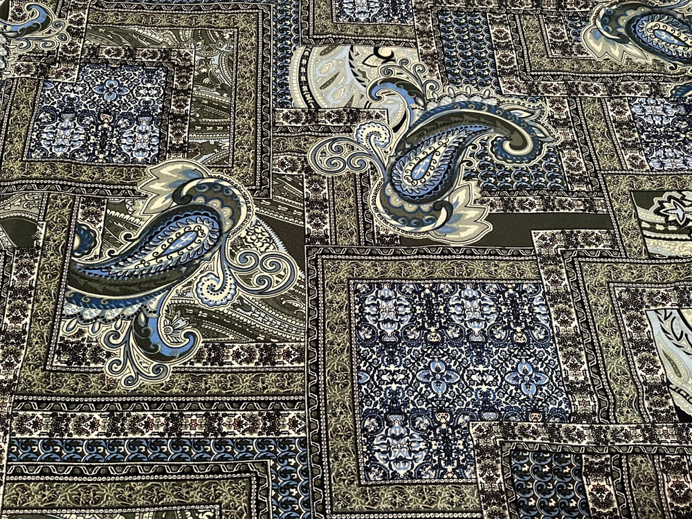 Pretty Green Blue Patchwork Paisley Print Poly Spandex Knit 3 Yds x 60″ Wide New