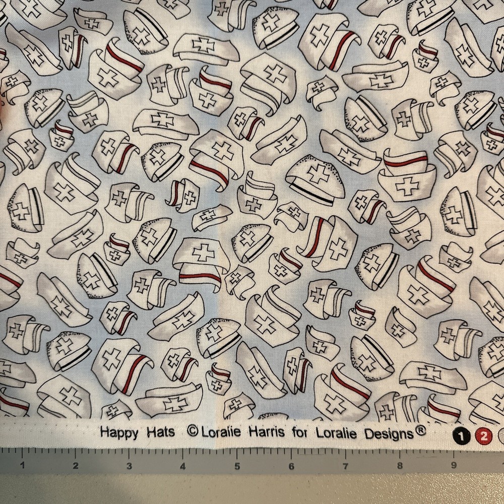 1.25 Yard Loralie HAPPY NURSE HATS Blue Quilt Fabric 691-801B, LT Blue Backgrnd