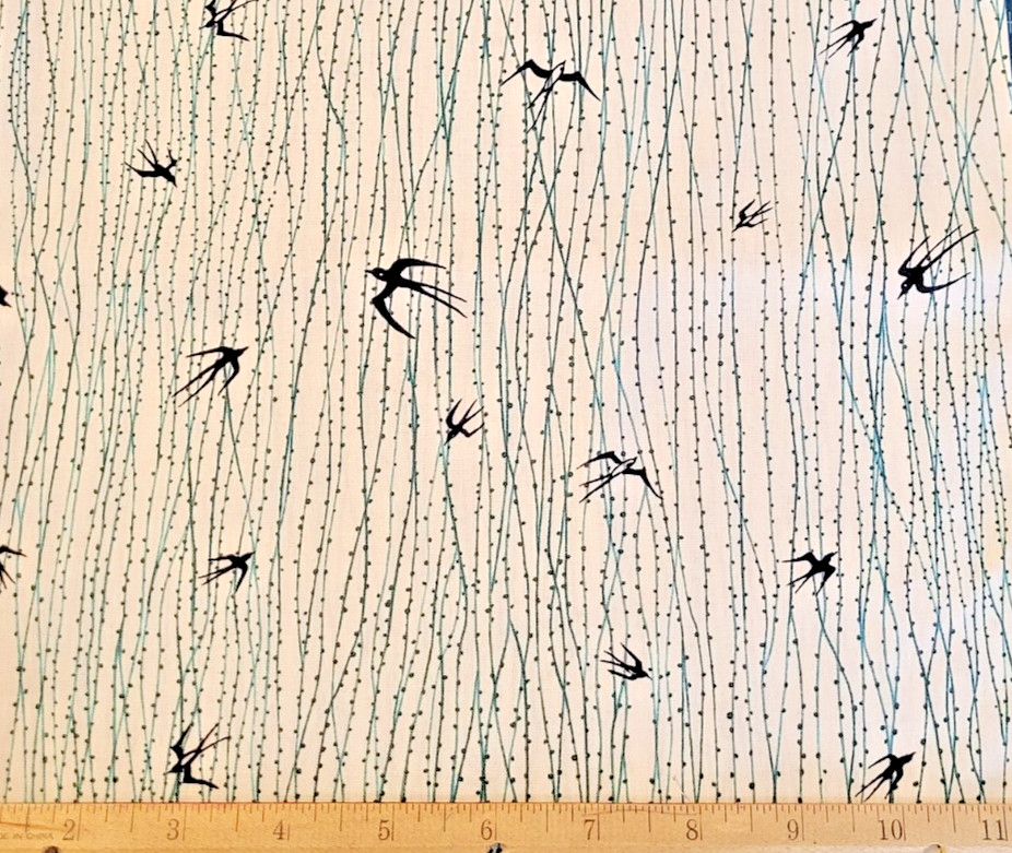 Off White Background with Deep Teal Lines and Black Flying Birds