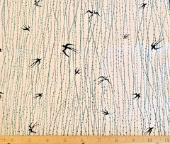 Off White Background with Deep Teal Lines and Black Flying Birds