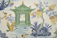 Harmony Bluebell Green Blue Gold Asian Pagoda Print on White Regal Fabric