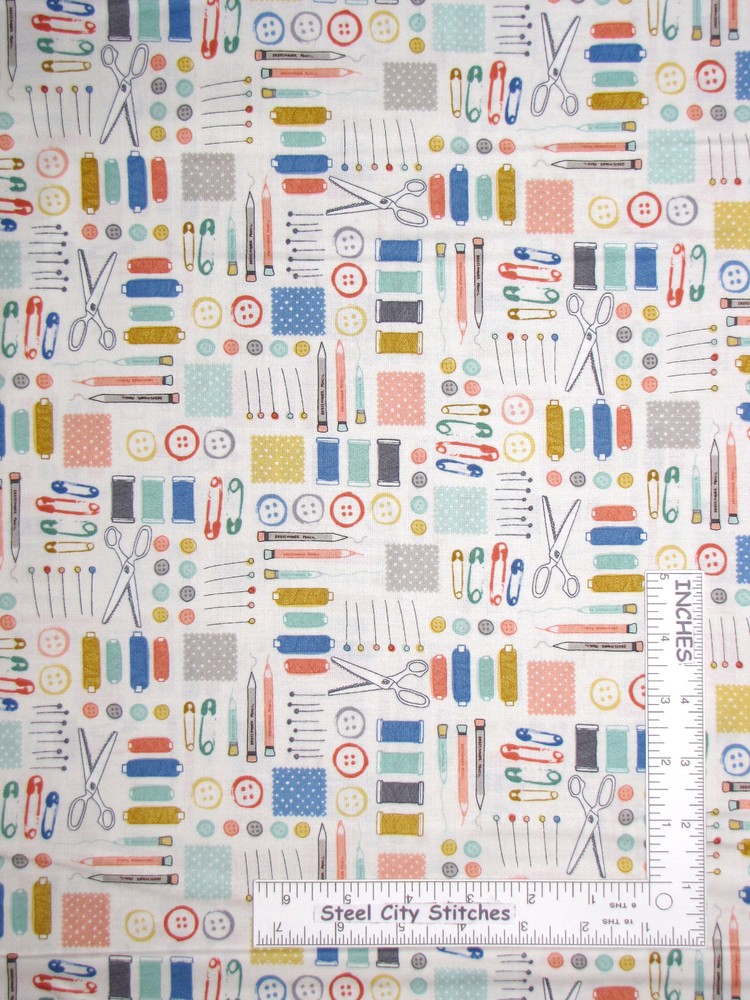 Sewing Notion Toss Fabric By Yard Spool Button Sew Theme Cotton by Makower