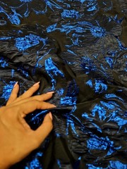 ROYAL BLUE Floral Damask Metallic Brocade Black Organza Fabric Sold By The Yard