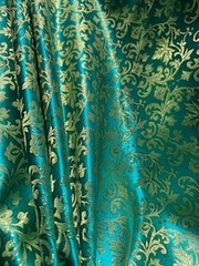 Emerald Green & Gold Leaves Damask – Faux Silk Brocade Jacquard Fabric