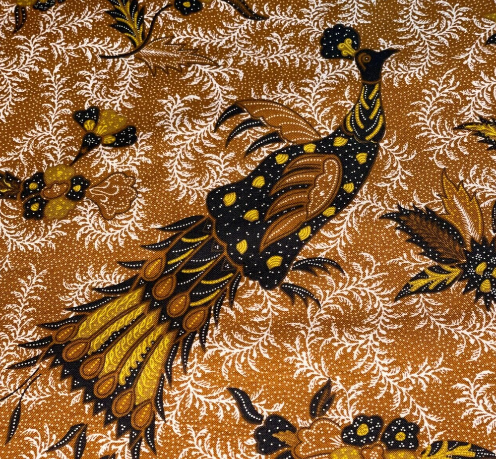 By 1/2 Yd “Taj” Peacocks Swirls Brown Gold & Black Vintage Cotton Fabric Marcus