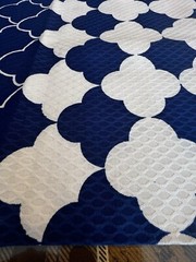 EUC 73”Lx44”W navy/white fish-scale/scallop pattern raised weave uphlstry fabric