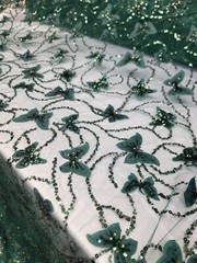 Emerald Green Lace 3d Butterflies on Mesh Prom Fabric Sold by the Yard Gown Quin