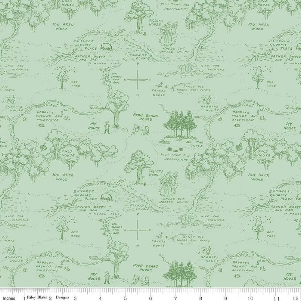 Winnie the Pooh Map Green Cotton Fabric