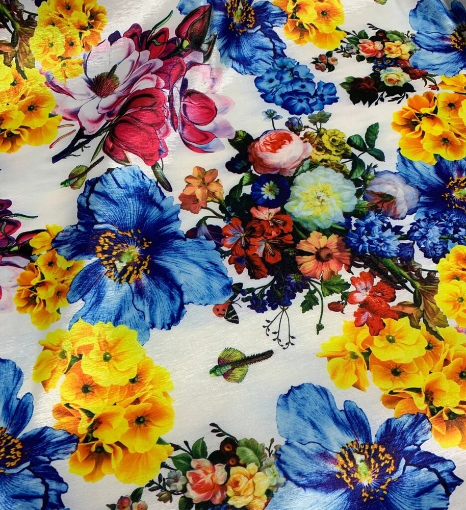 White, Blue, Yellow & Pink Multi Floral – Stretch Polyester Taffeta Fabric