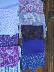 Lot of 17 Fabric Scraps, floral, dots, stripes, animal print, shades of purple