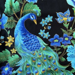 Plume Peacock Blue Turquoise Gold Floral Flower Chong A Hwang 2.5Yards