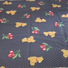 Vtg Cranston Print Works Teddy Bears Cherries Navy Polka Dot Fabric 58×73 2 Yds