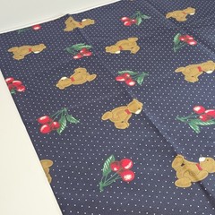 Vtg Cranston Print Works Teddy Bears Cherries Navy Polka Dot Fabric 58×73 2 Yds