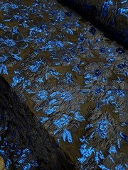 ROYAL BLUE Floral Damask Metallic Brocade Black Organza Fabric Sold By The Yard
