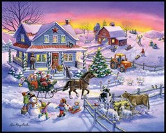 Country Christmas Santa Village Scene Rose Mary Berlin 36×44 Cotton Fabric Panel