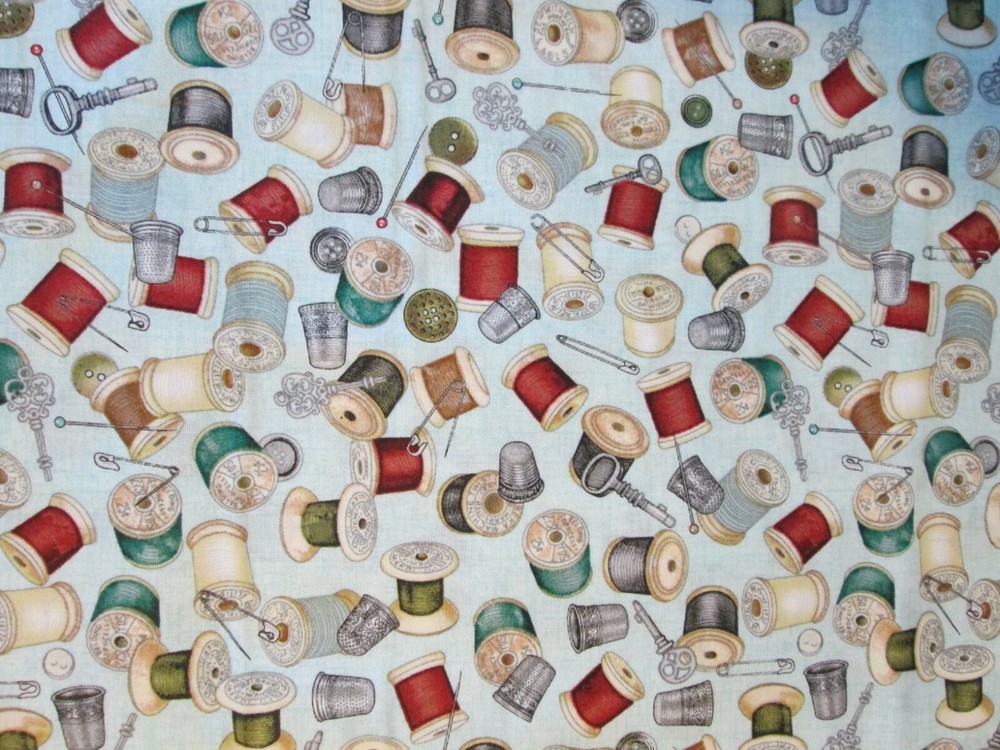 THREAD SPOOLS OF THIMBLE NEEDLES THREADER MORE ON BLUE COTTON FABRIC BTHY