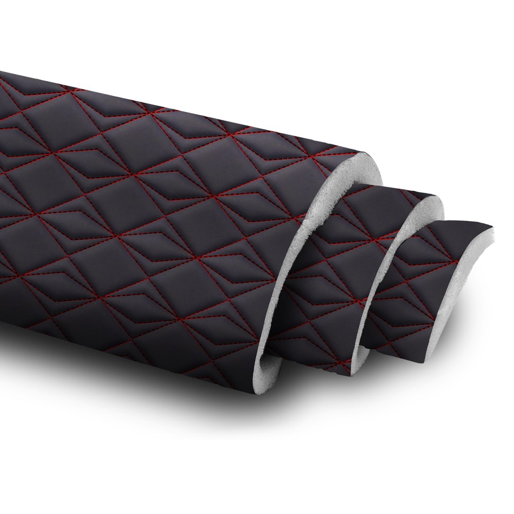 Black Nappa Faux Leather Quilted Fabric w/ Red Stitches Double Diamond 63” Wide
