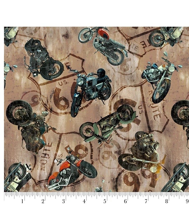 Travel Fabric | Historic Highway Route 66 Motorcycle Toss | Blank Quilting YARD