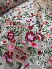 Fabric By The Yard Lace Embroidery Multicolor Pink Floral On Nude Mesh Lace