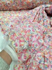 “White Mesh Fabric with Multicolor Floral Embroidery and Pastel Confetti: Sold b