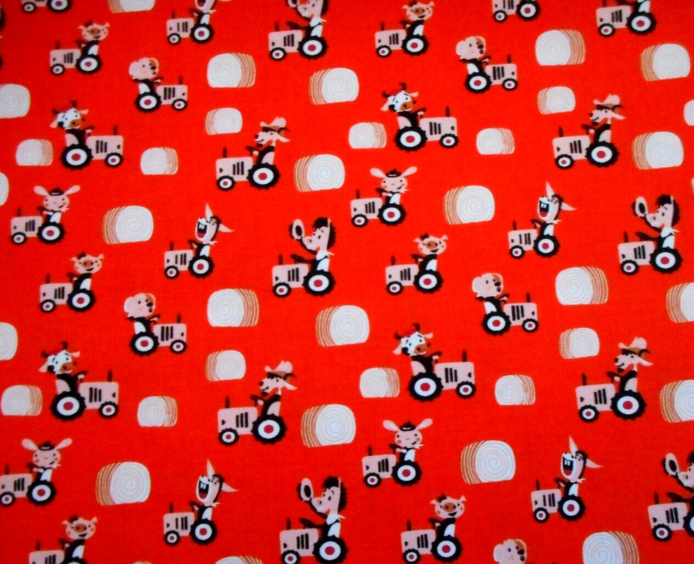 Baby Fabric By Half-Yard Pink Animals on Pink Tractors Hay on Red Premium Cotton