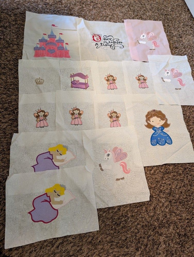 Embroidered Quilt Block Lot Assorted Squares Princess Theme White Pink