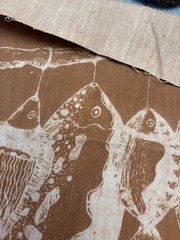 Primitive Hanging Fish Linen Fabric Panel | Rustic Folk Art Fabric | 13×17 Inch