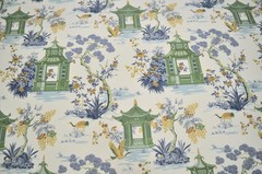 Harmony Bluebell Green Blue Gold Asian Pagoda Print on White Regal Fabric