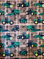 John Deere Traditional Tractors on Brown Plaid Cotton Fabric by the Yard