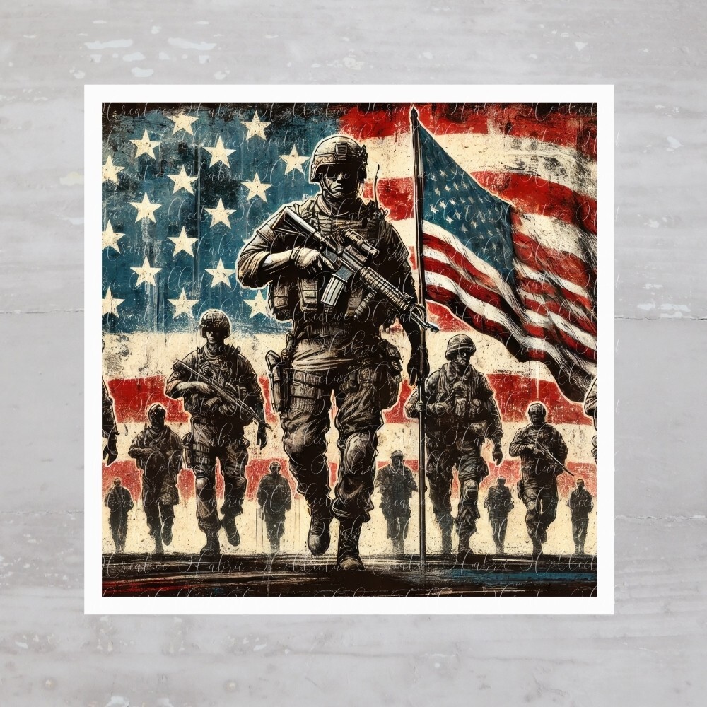 US Military Soldiers USA Flag Fabric Panel Craft Sewing Quilt Block A755