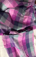 Vintage plaid fabric pink/purple/grn/blk/grey abstract flower design on white