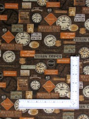 Railroad Train Depot Fabric By The Yard Locomotion Signs Clocks Cotton Benartex