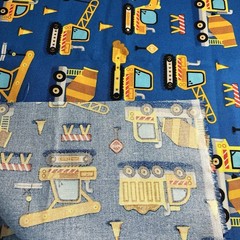 Construction Crew Vehicles colors Blue Yellow Black 100% Cotton Fabric